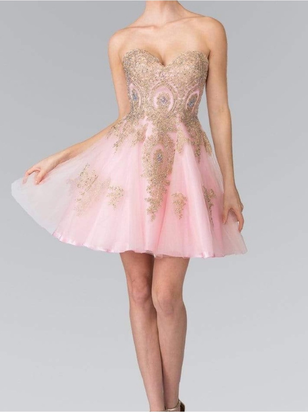Strapless Pink & Gold Embellished Short Prom Dress